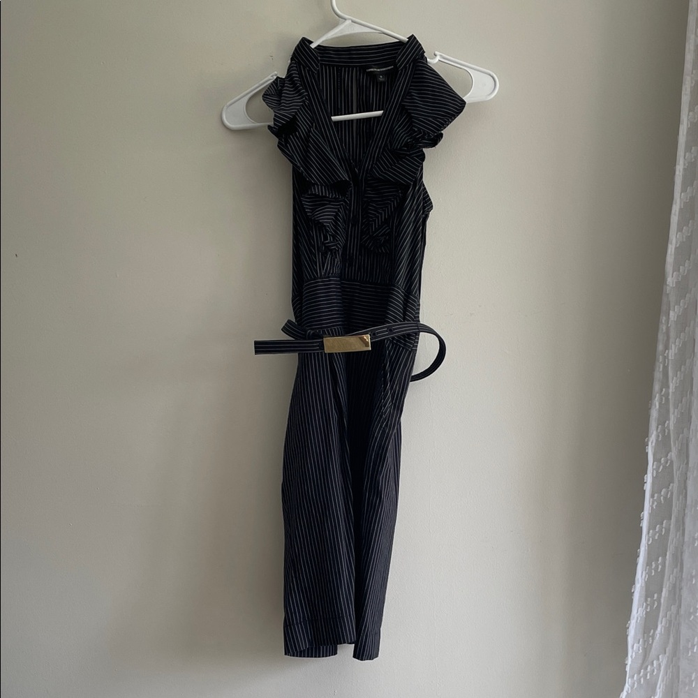 Express Black Pinstripe Jumpsuit with Ruffle Neckline